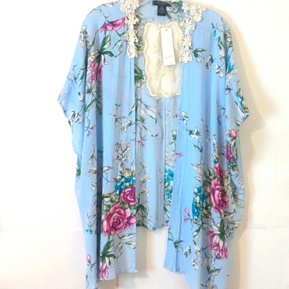 LOVE RYAN BLUE FLORAL CROCHET SMOCK DUSTER SWIMSUIT COVER-UP SIZE MEDIUM NWT - Picture 1 of 6